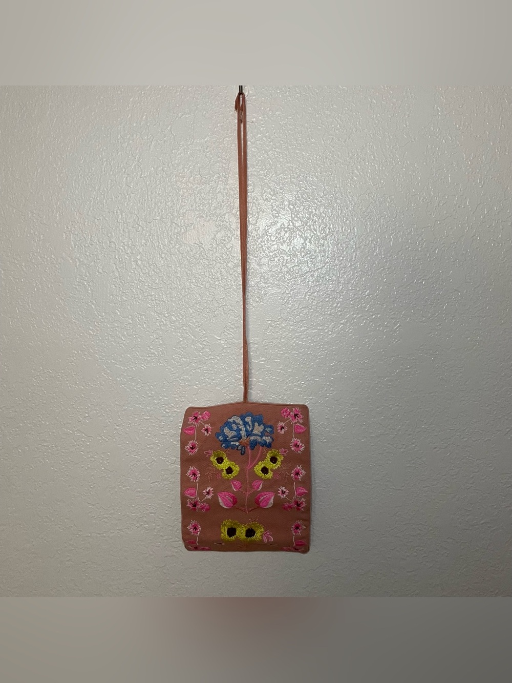 Anthropologie Handcrafted Pink Embroidered Floral Wall Hanging